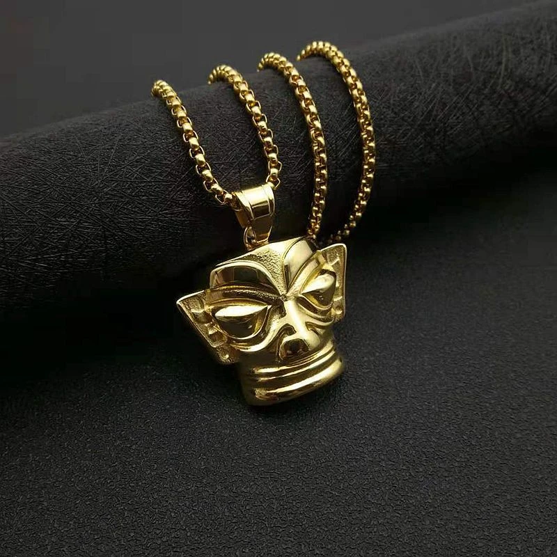 钛钢吊坠 国潮三星堆神思金色面具复古民族风项链吊坠中古坠链ins