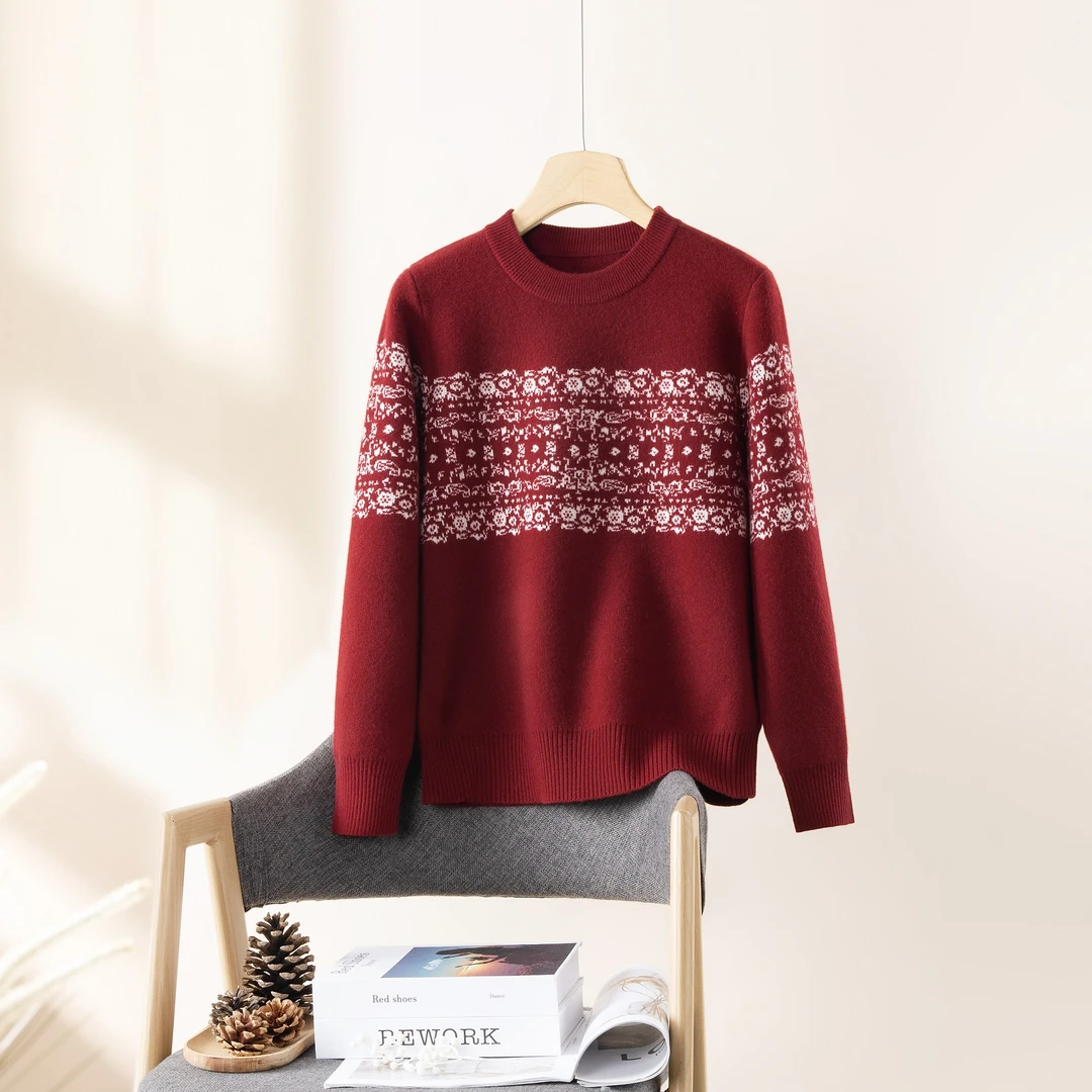 【100%绵羊毛】工艺提花数兰朵加厚加密羊毛针织长袖套头圆领毛衣