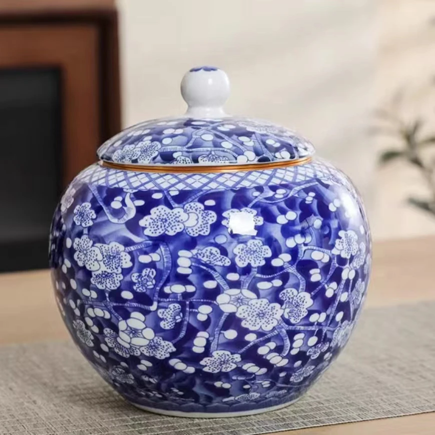 陶瓷青花冰梅圆罐单