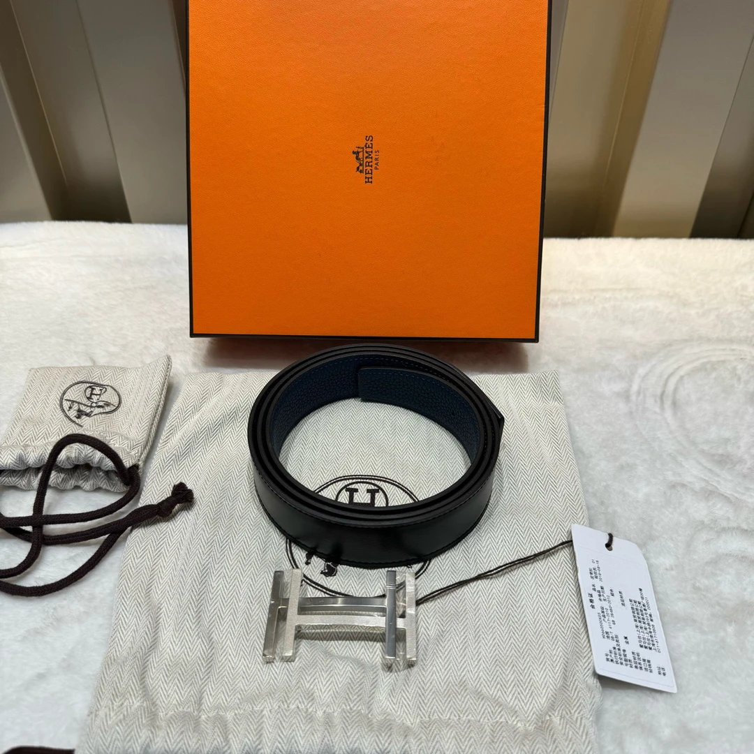 99新 Hermes/爱马仕 悦奢甄选/男女同款/双面/腰带/皮带/银扣/D刻