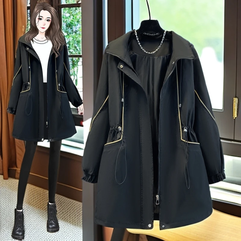 春秋经典百搭外套女胖MM收腰显瘦风衣200斤大码遮肚时尚工装上衣