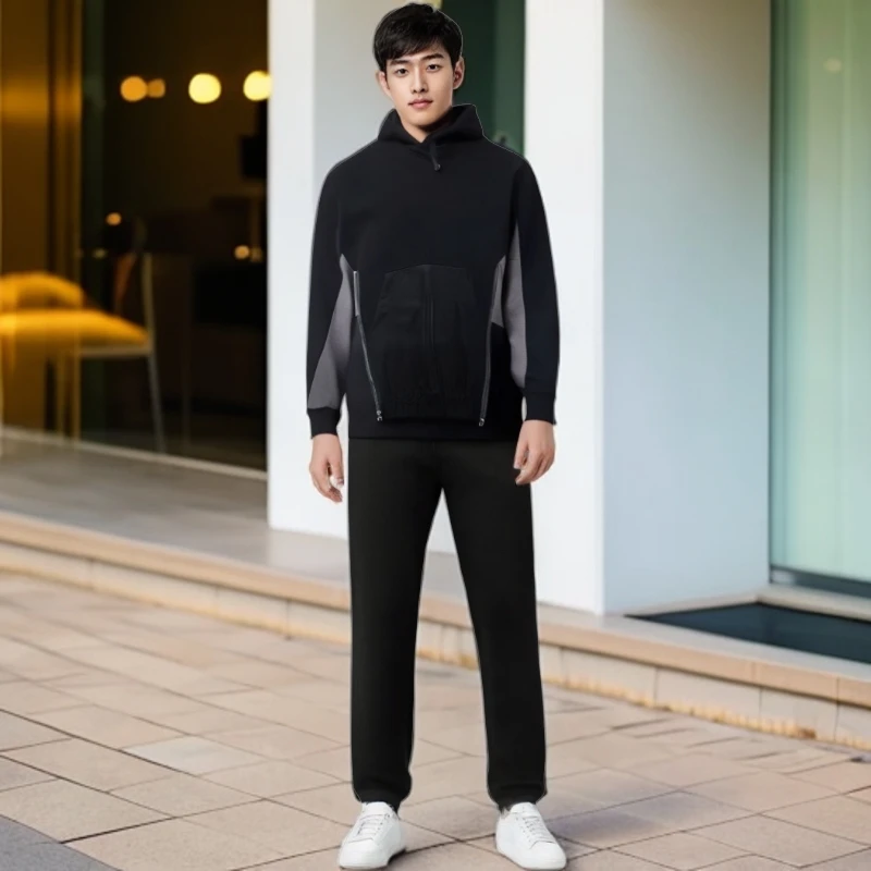 L1128887男款长袖运动时尚户外休闲连帽秋冬套头拼接针织卫衣