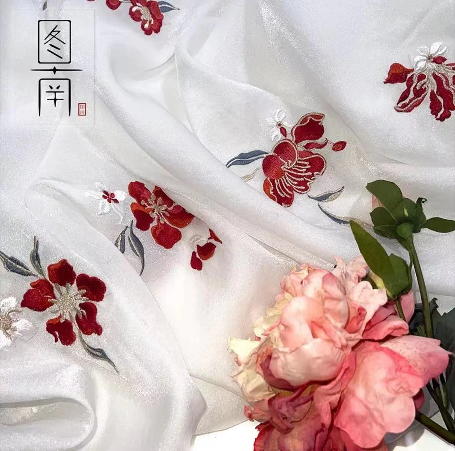 图南山茶花绣花布料汉服古风旗袍布料夏季襦裙童装娃衣面料设计师