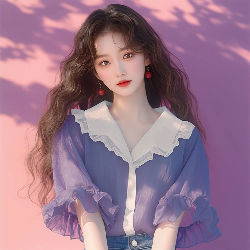 紫色娃娃领衬衫2024新款女夏季古着vintage独特别致撞色上衣甜美