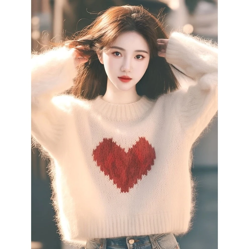 宽松显瘦oversize时尚爱心毛衣韩系慵懒风小个子白色针织衫女秋季