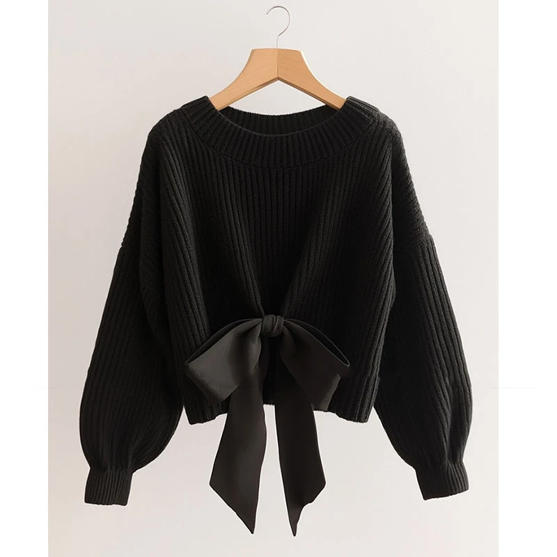 黑色蝴蝶结毛衣慵懒高级感2024早秋新款公主风独特超好看针织上衣