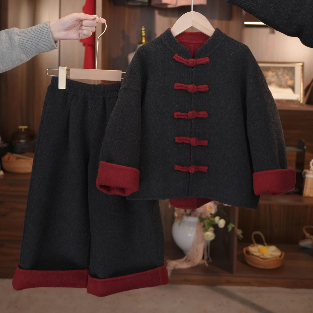泡芙定制 2024冬款纯手工双面绵羊毛女童外套套装 DY241211
