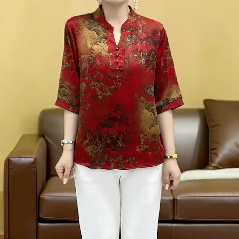 中老年妈妈打底衫2024夏季新款洋气印花五分袖大码宽松外穿上衣女