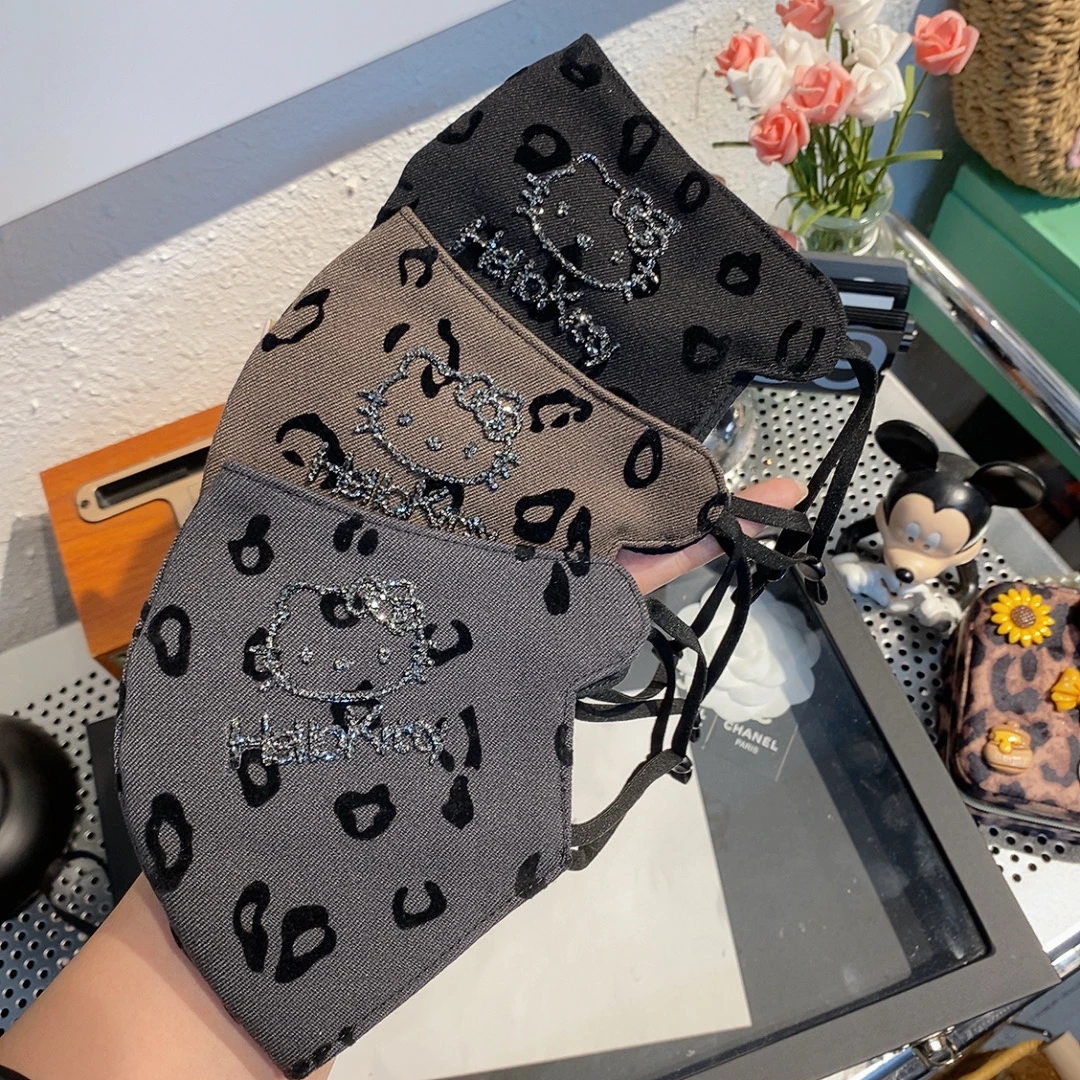 洋气哈喽猫烫钻豹纹三层夹棉保暖冬季口罩