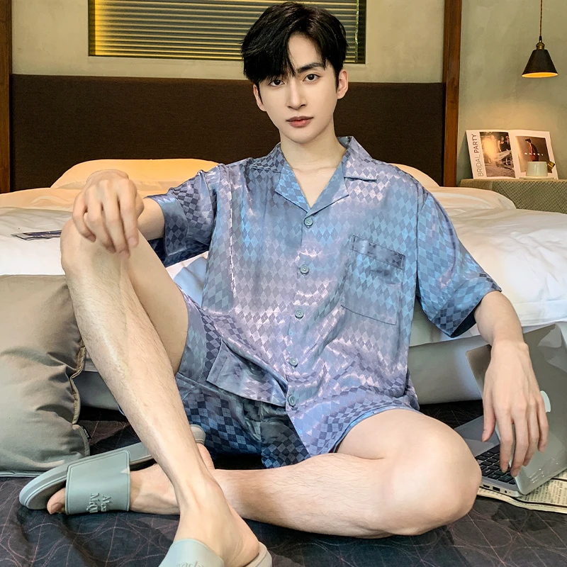 2024新款夏季冰丝男士睡衣短袖薄款格子简约休闲家居服套装838