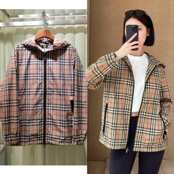 未使用 BURBERRY/博柏利 女款经典格纹连帽外套春夏薄款夹克