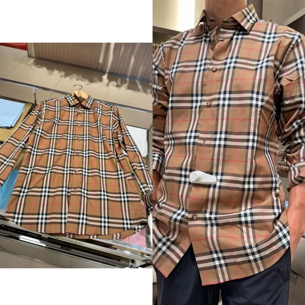 未使用 BURBERRY/博柏利 男款桦木棕色格纹长袖衬衫 格子衬衣