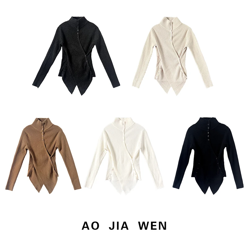 【佳文定制】不规则半高领收腰针织秋冬显瘦设计感上衣打底衫1979