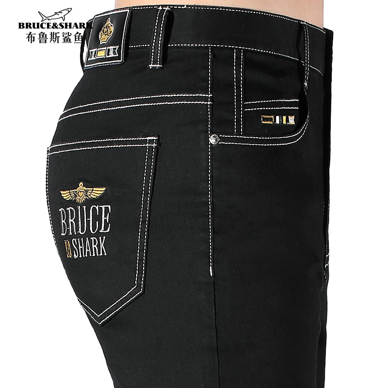 2024夏季新款牛仔裤男薄直筒刺绣长裤布鲁斯鲨鱼潮牌男士黑色裤子