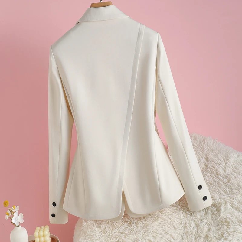 春秋时尚新款小西装短款显瘦米白色长袖设计感外套小个子短款西装
