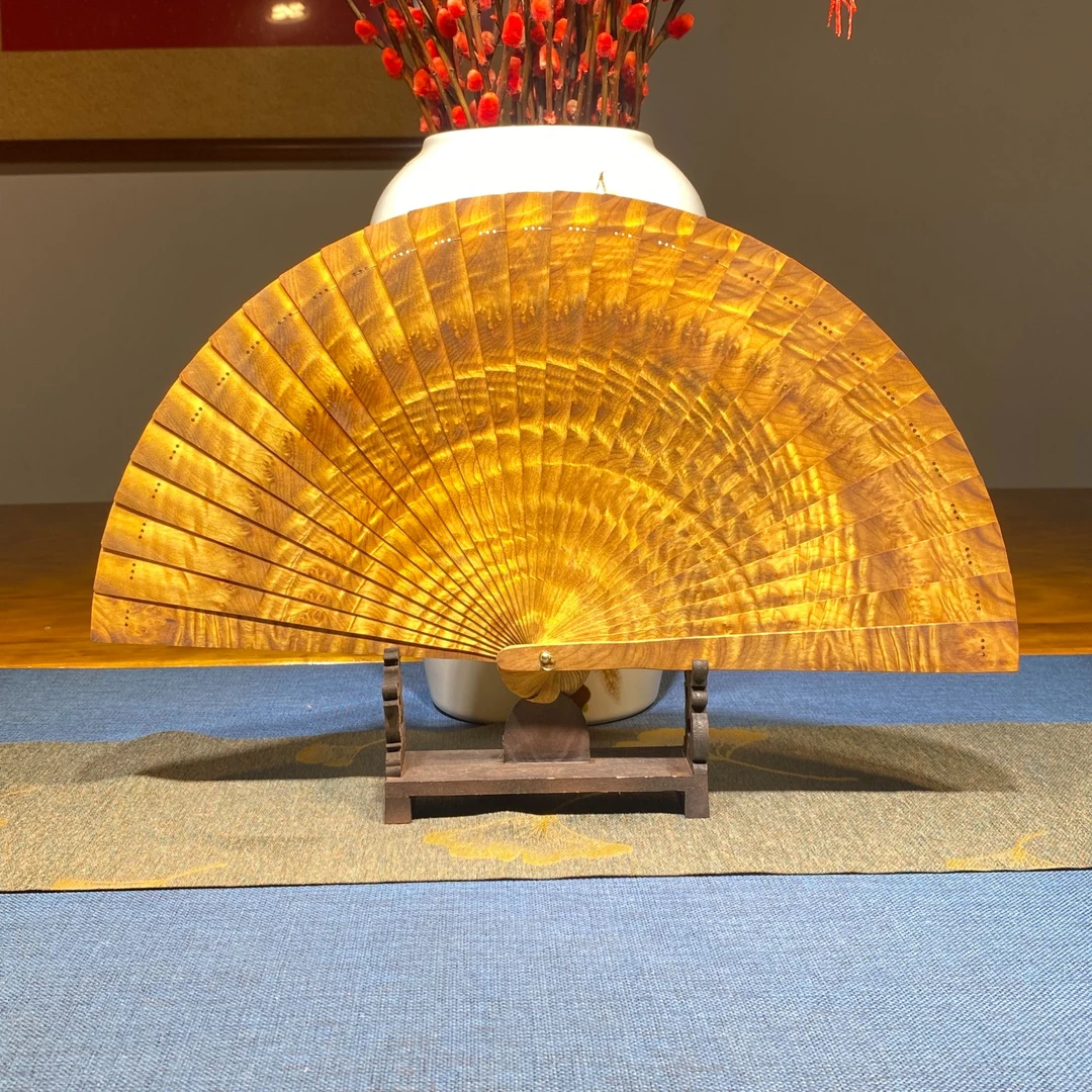 金丝楠木小叶桢楠苏扇 实木全手工满花纹金丝楠木扇子送礼摆件