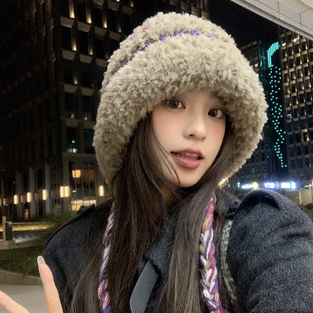 100~蛋挞帽毛绒绒显脸小女秋冬季大头围保暖可爱绑带护耳雷锋帽子