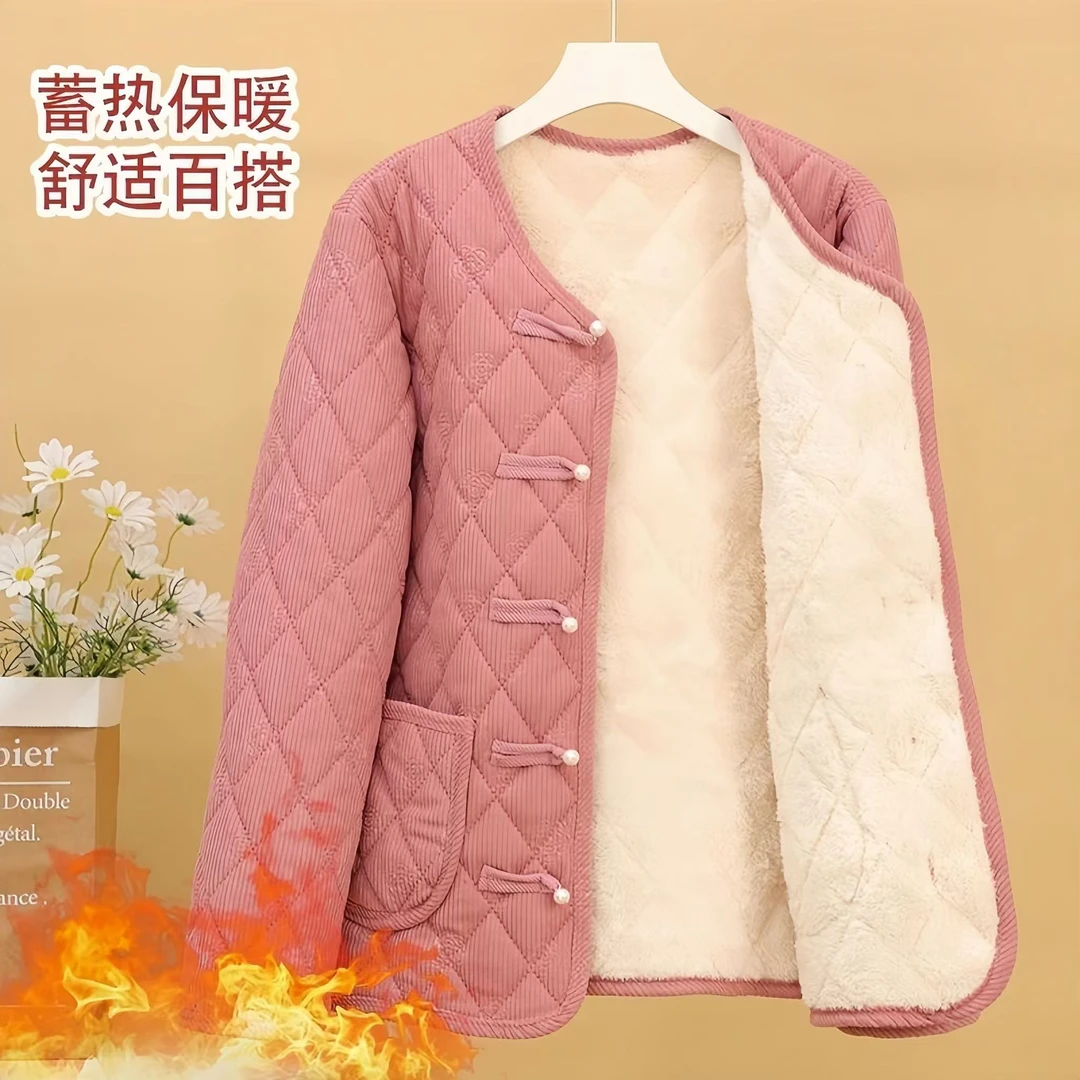 2024女士秋冬新款欧棉绒珍珠纽扣加绒加厚时尚修身保暖百搭复古袄