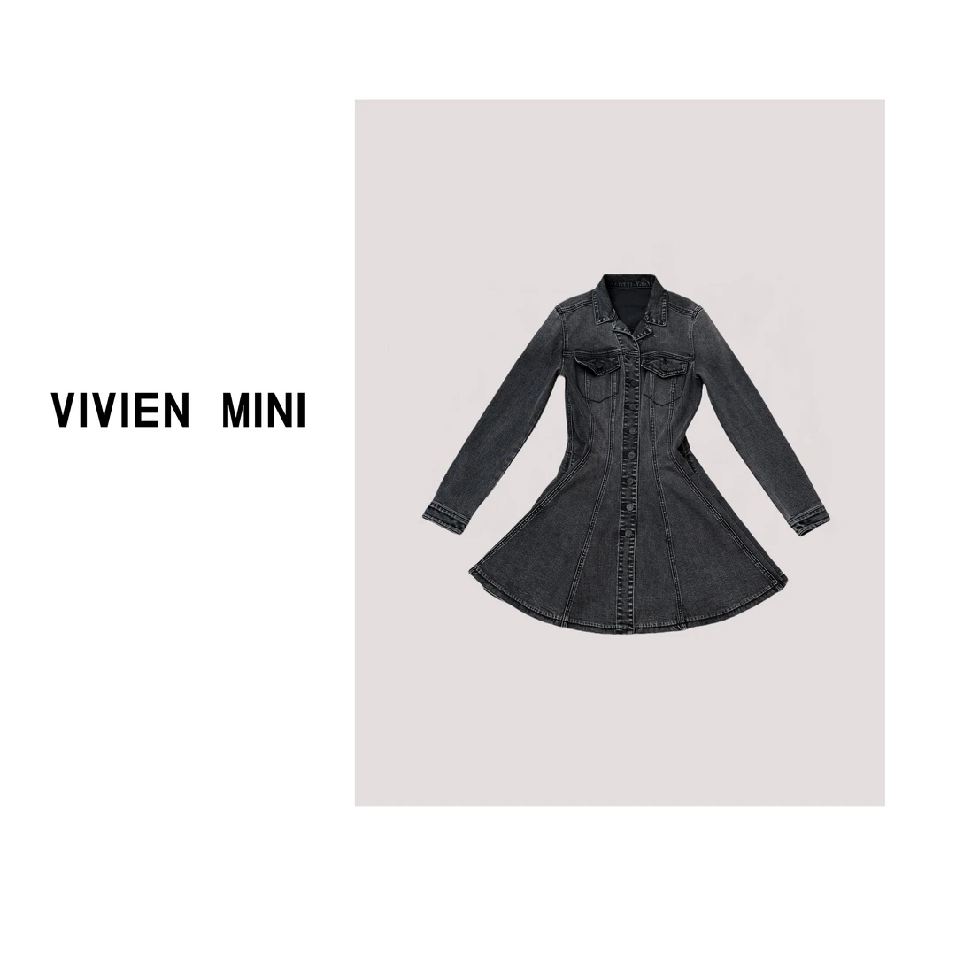 【早春】新款牛仔显瘦时尚单韩版排扣A字裙女装连衣裙