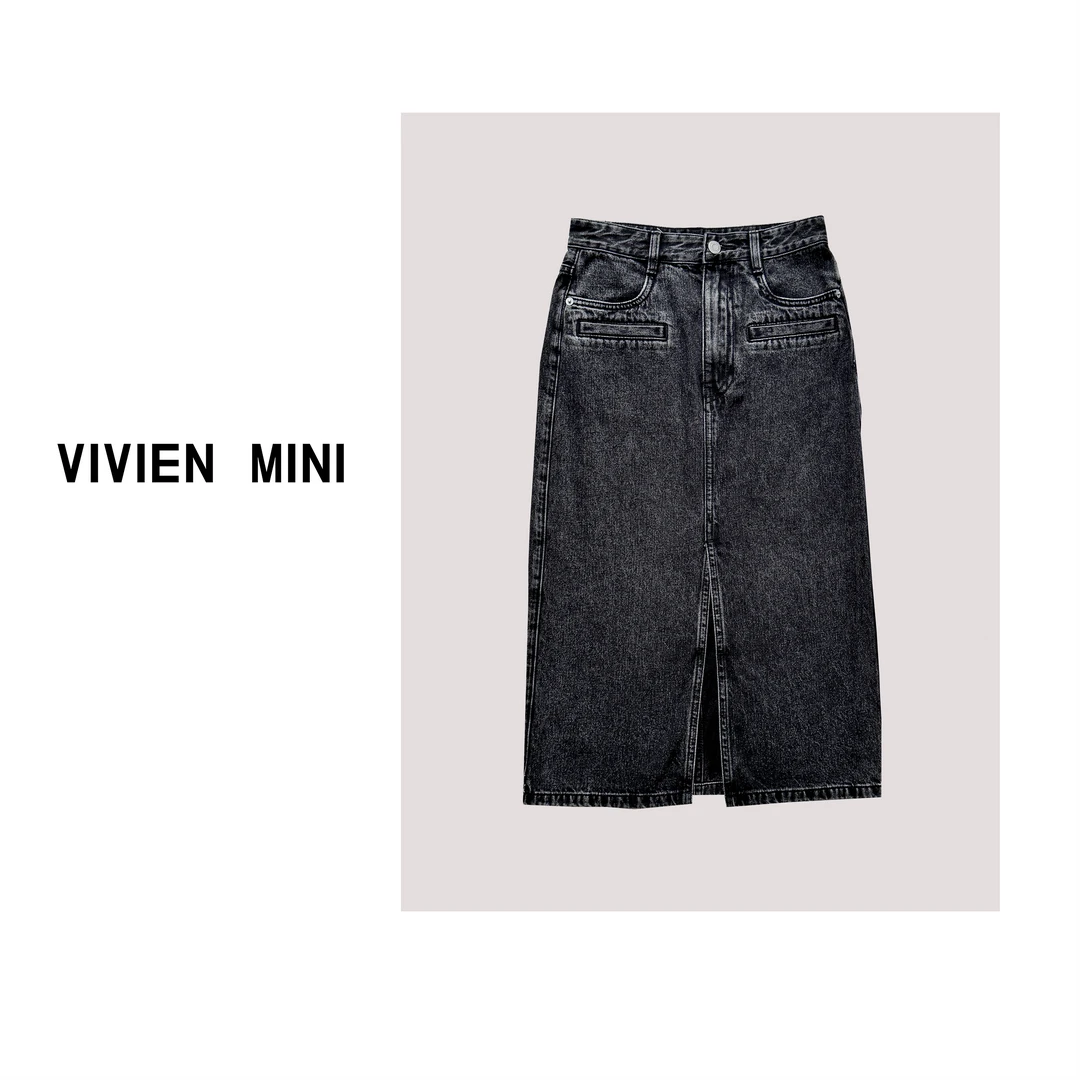 VIVIEN MINI【原创】早春新款复古黑色牛仔半身裙时尚百搭休闲气质