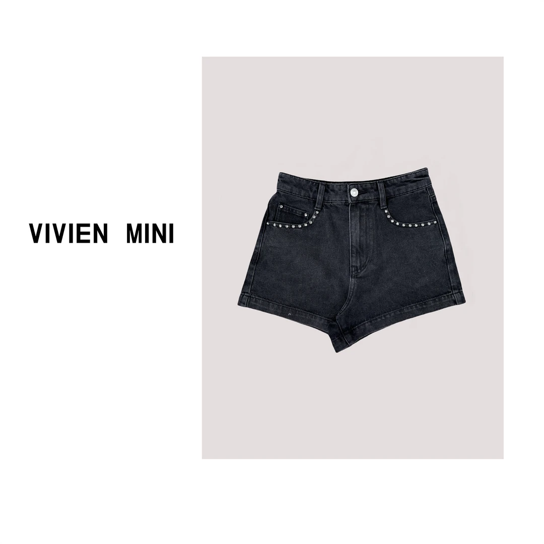 VIVIEN MINI【美姐】时尚百搭新款牛仔短裤显瘦牛仔黑色重工