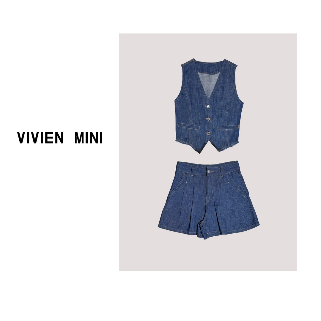 VIVIEN MINI【原创】夏季气质牛仔马甲套装潮流百搭复古设计师