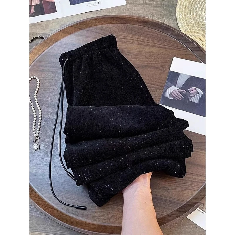 梨形身材黑色闪光阔腿裤女大码胖mm秋冬新款垂感休闲拖地裤直筒裤