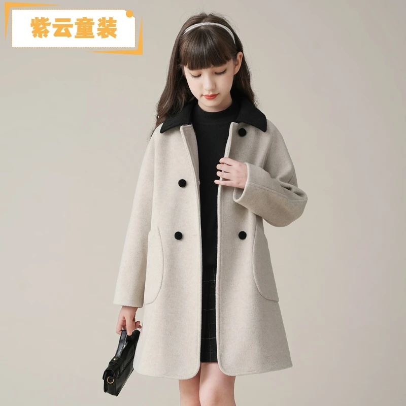 紫云童装女童毛呢外套秋冬款2023年冬季新品儿童洋气呢大衣中长款