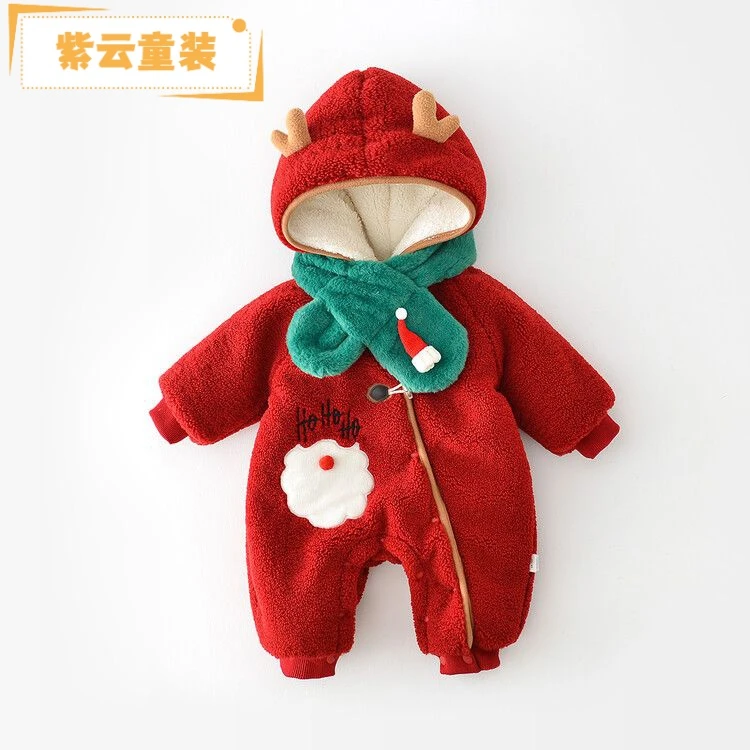 紫云童装婴儿圣诞节连体衣冬款拜年服新生儿加绒哈衣加厚爬服保暖