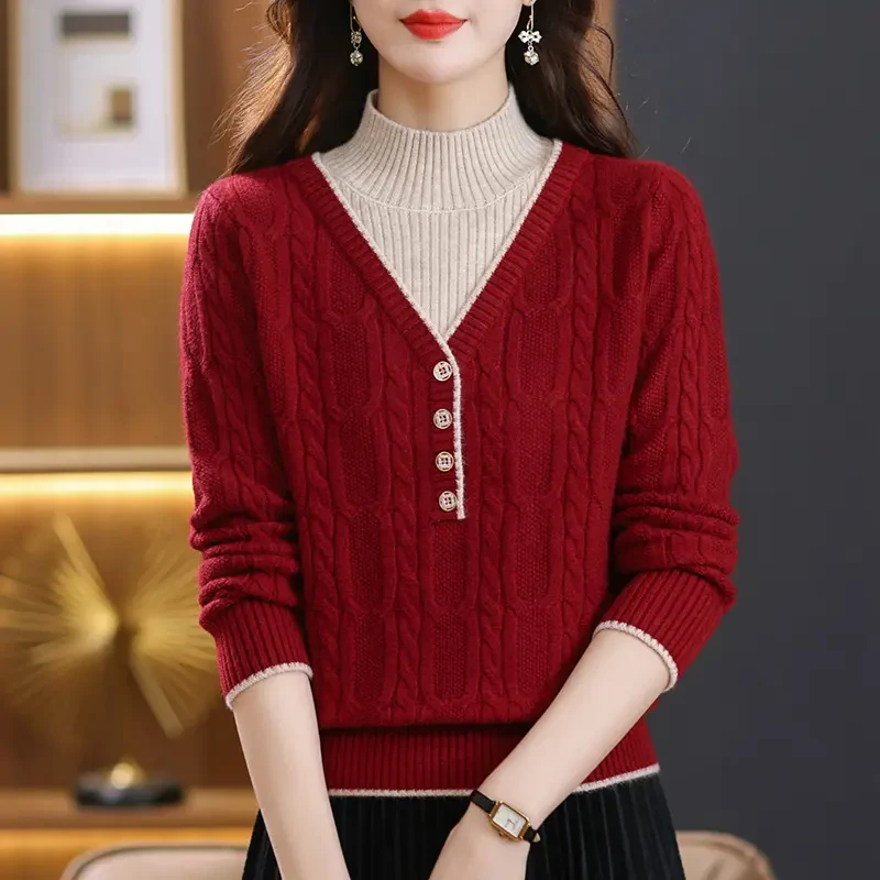 半高领打底衫女士秋冬季2024年新款假两件针织上衣洋气内搭毛衣女