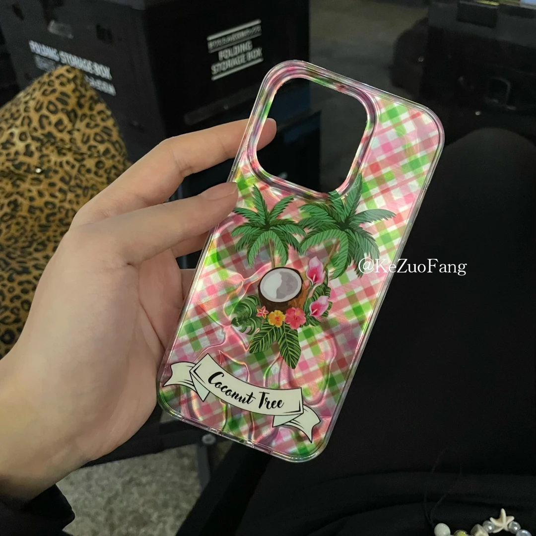 夏日椰树格纹手机壳iPhone15promax苹果14pro防摔13花朵12全包11