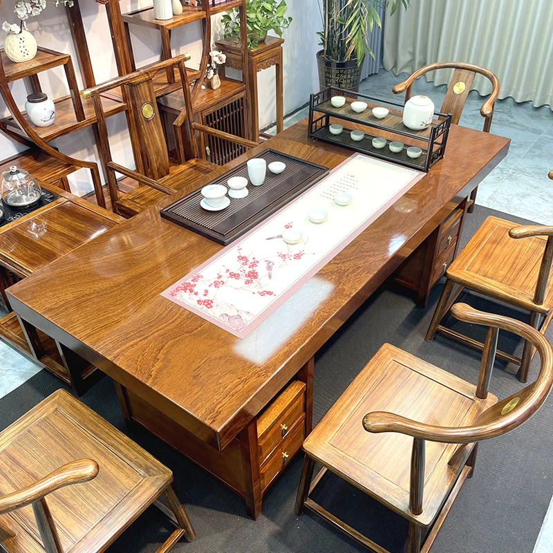 （小围椅配置）黑黄檀大板茶桌椅组合家用客厅实木茶桌办公桌办公桌