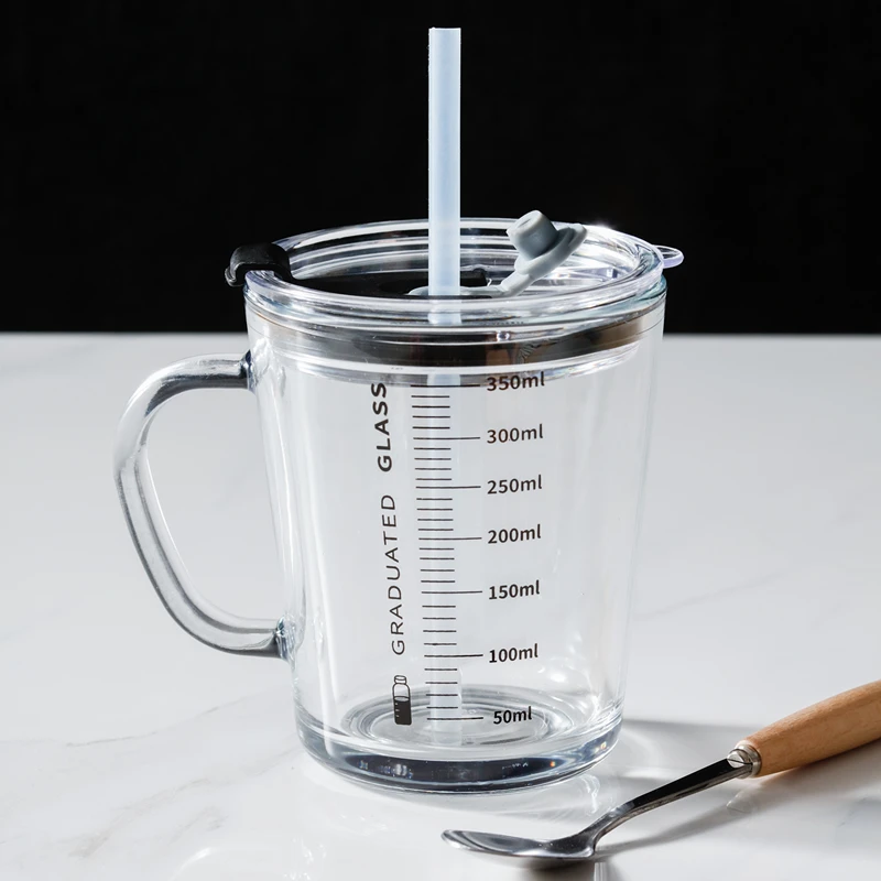 食品级玻璃水杯加厚带刻度的成人儿童喝牛奶粉早餐杯子家用400ML