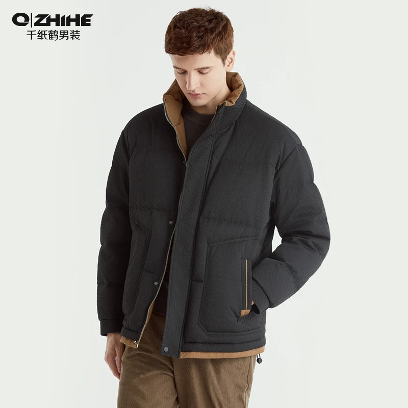 千纸鹤男士休闲宽松立领羽绒服新款男士时尚波点保暖外套男61086