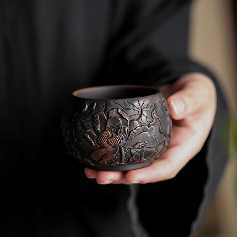 手工浮雕紫陶陶瓷茶杯主人杯单杯功夫茶具高端品茗杯家用茶盏单个