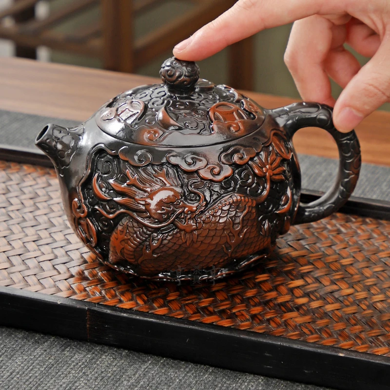 云南紫陶麒麟西施纯手工堆雕紫砂壶全手作深雕泡茶器家用功夫茶具