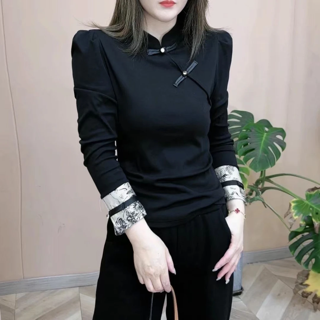 HY春新款新中式时尚长袖国风复古黑色T恤设计感拼接显瘦遮肚上衣1