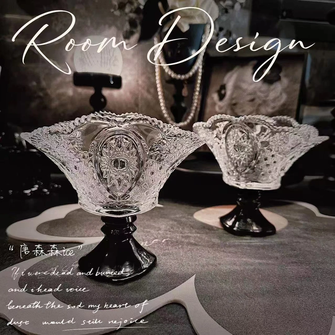 【两只装】黑色水晶玻璃大号沙拉甜品冰淇淋家用客厅杯子雕花高档