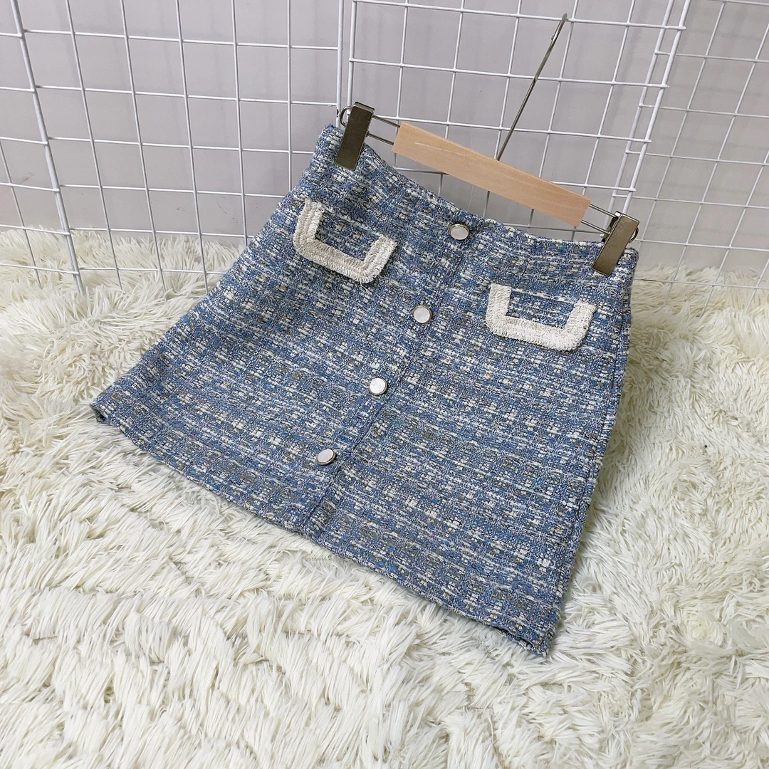 蓝色小香风A版毛呢四粒扣半身裙 05247