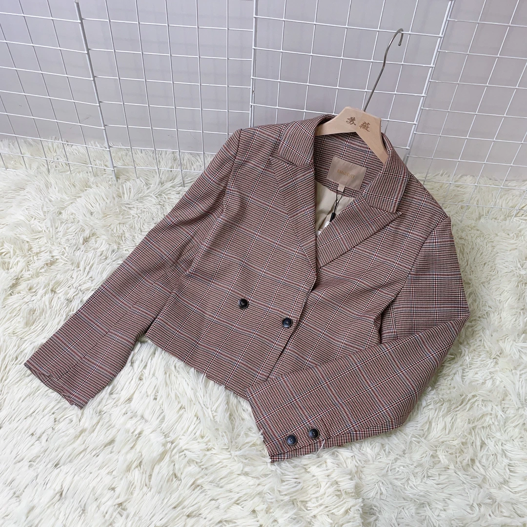 千鸟格双排扣短款显瘦显高休闲西装外套 08567
