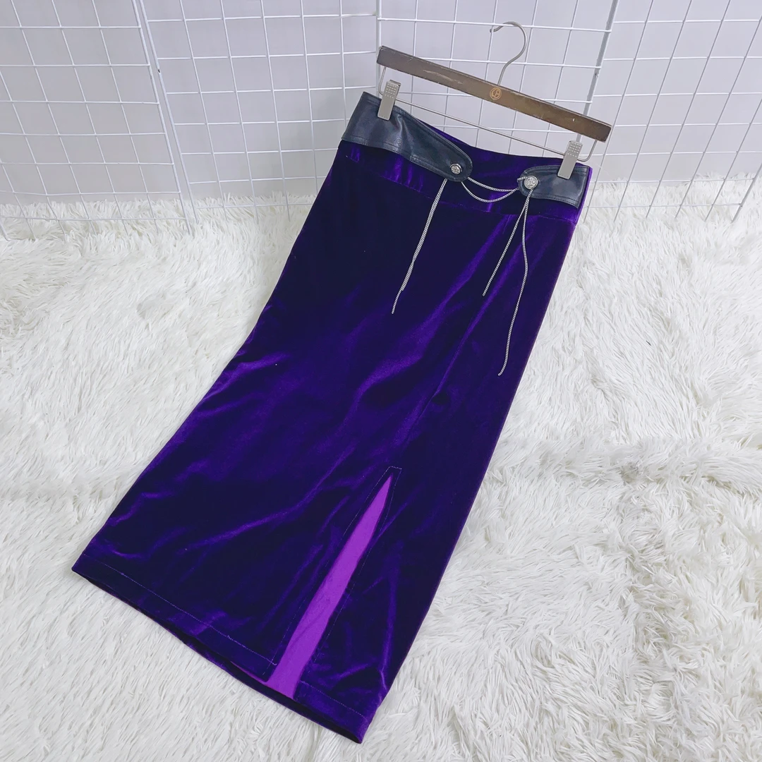 0152 妙家 开叉丝绒半身裙显瘦高级感链条直筒裙 21C983Q