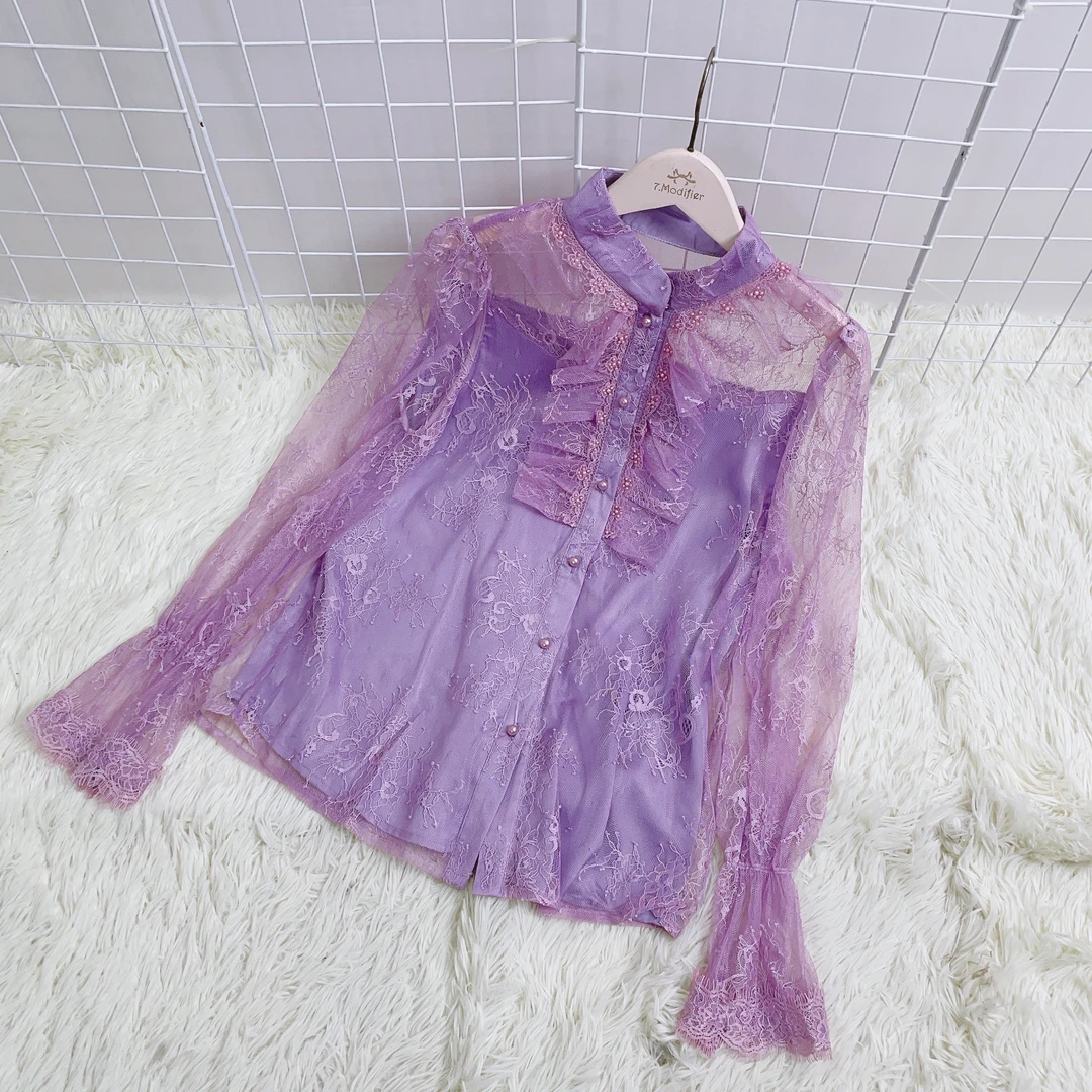 0099  妙家法式设计感钩花镂空蕾丝长袖衬衫女 22c092c