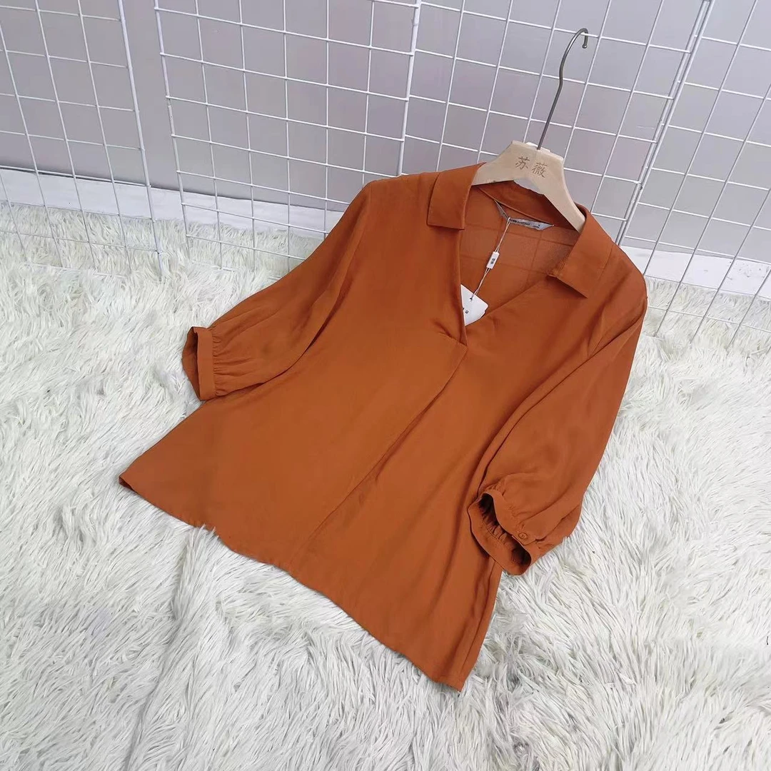 郎家 女半袖宽松垂感夏季新款慵懒风大码休闲v领灯笼袖衬衫 82048