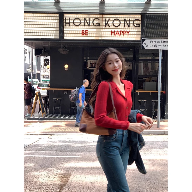 复古港风红色V领针织开衫女秋季修身内搭打底衫显瘦百搭长袖上衣