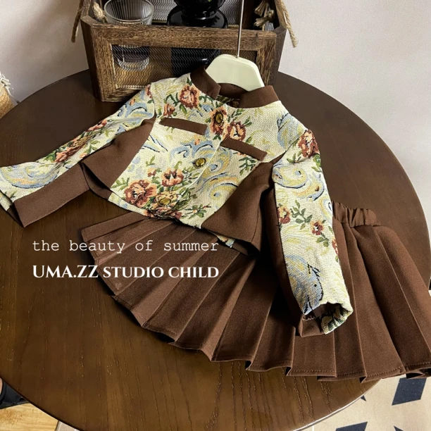 【A09】女童套装秋2023秋季新款上衣+百褶裙两件套儿童百搭套装秋