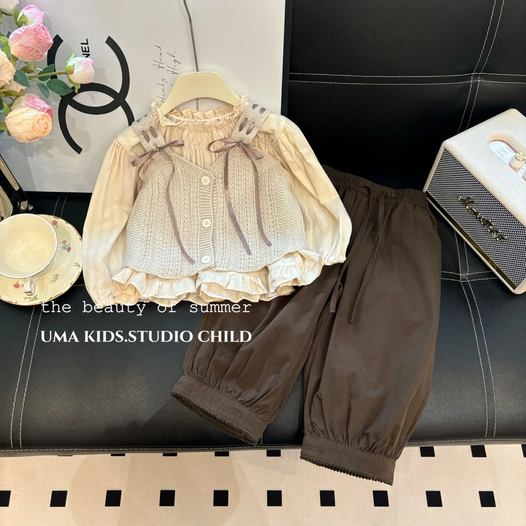 2025春季新款儿童套装女童洋气时尚美拉德韩版拼接毛衣马甲三件套