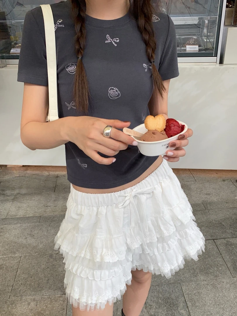 韩系花边系带甜美层叠设计感休闲百搭蛋糕蕾丝半身短裤裙