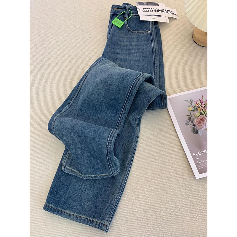 复古阔腿牛仔裤女2025冬季新款美式高街小个子高腰窄版直筒拖地裤