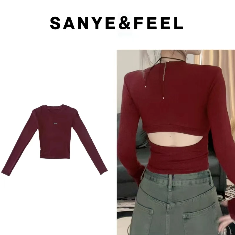 【妍三也】62374秋季新款小心机圆领露背长袖上衣YX