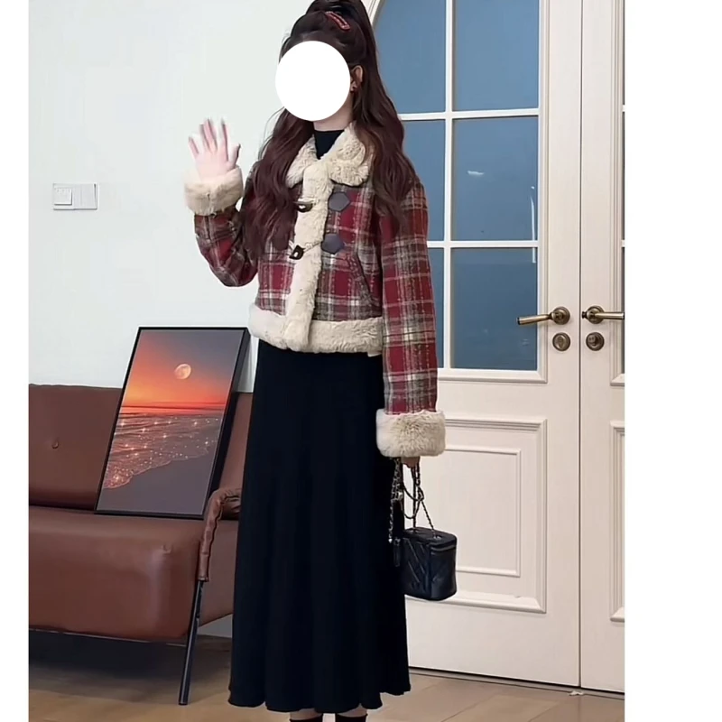 冬季一整套女装2024新款时尚格子翻领外套百搭针织半身裙两件套潮